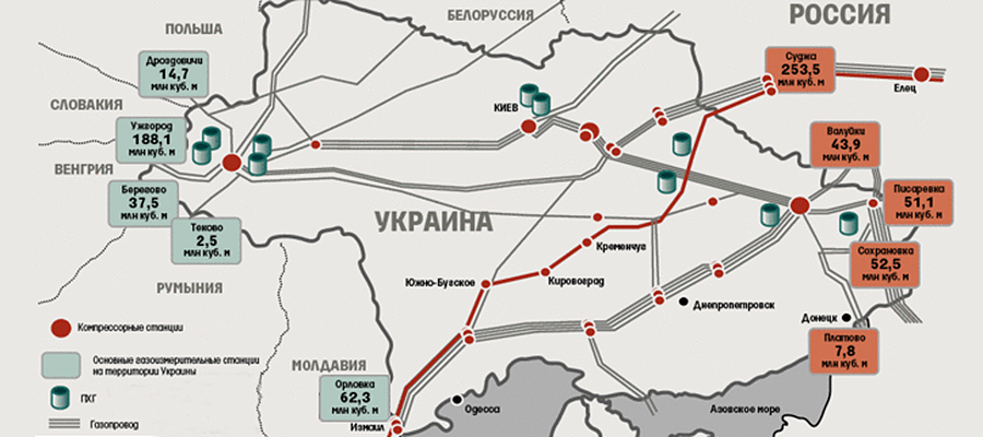 Карта транзита газа через украину в европу