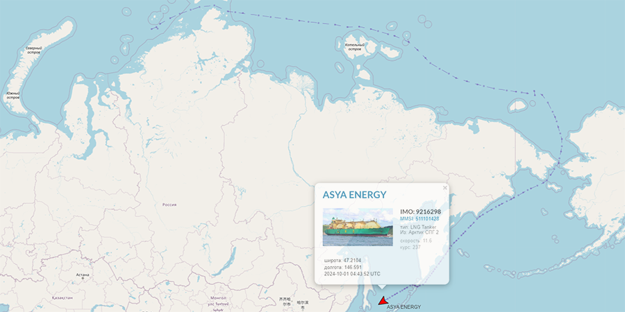 Танкер-газовоз Asya Energy с грузом СПГ с Арктик СПГ-2 взял курс на Северную Азию